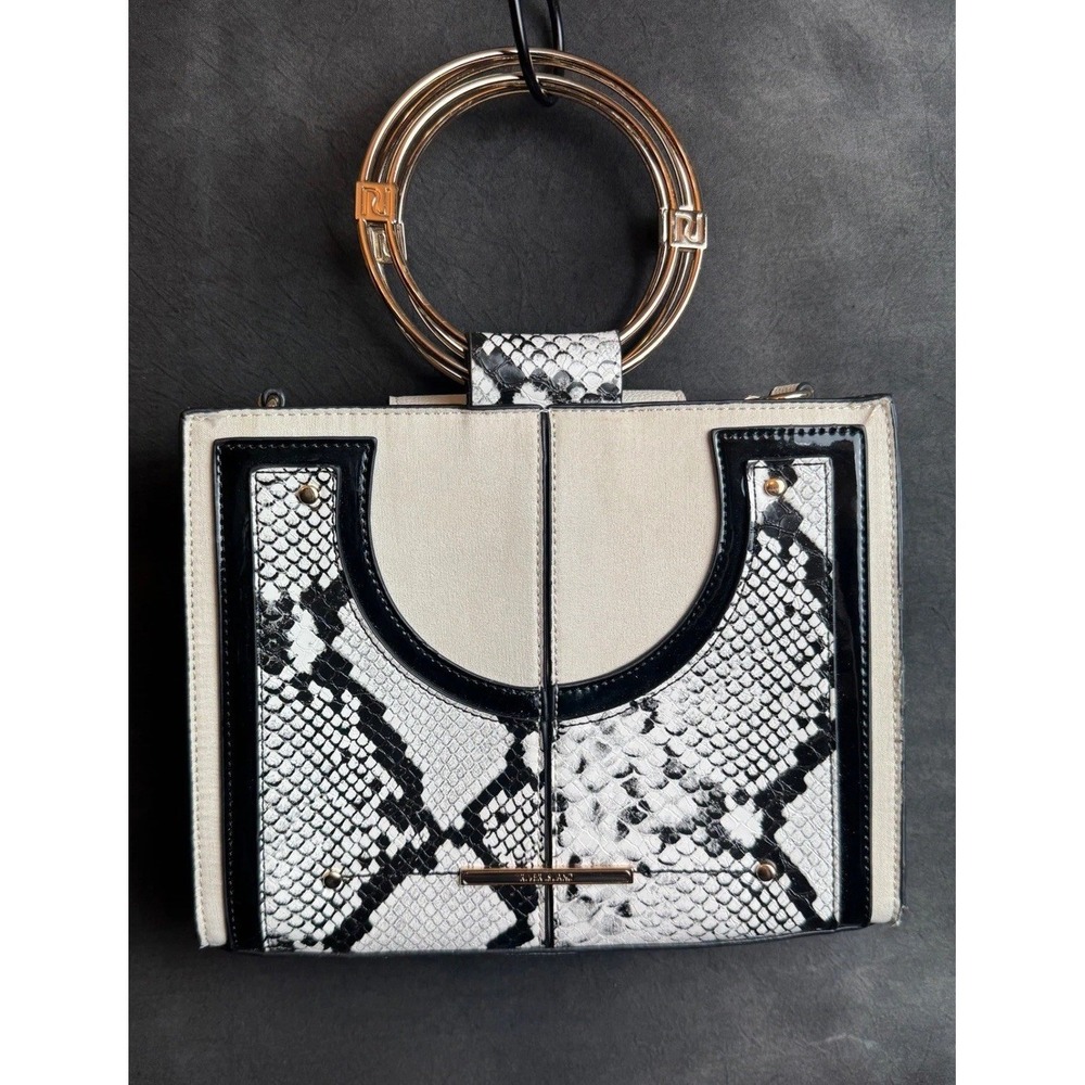 River Island Snakeskin Print Handbag Black White Ring Handle Structured Bag Fair